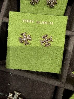 Tory Burch silver-Tone small Logo Stud Earrings textured rope new double T logo